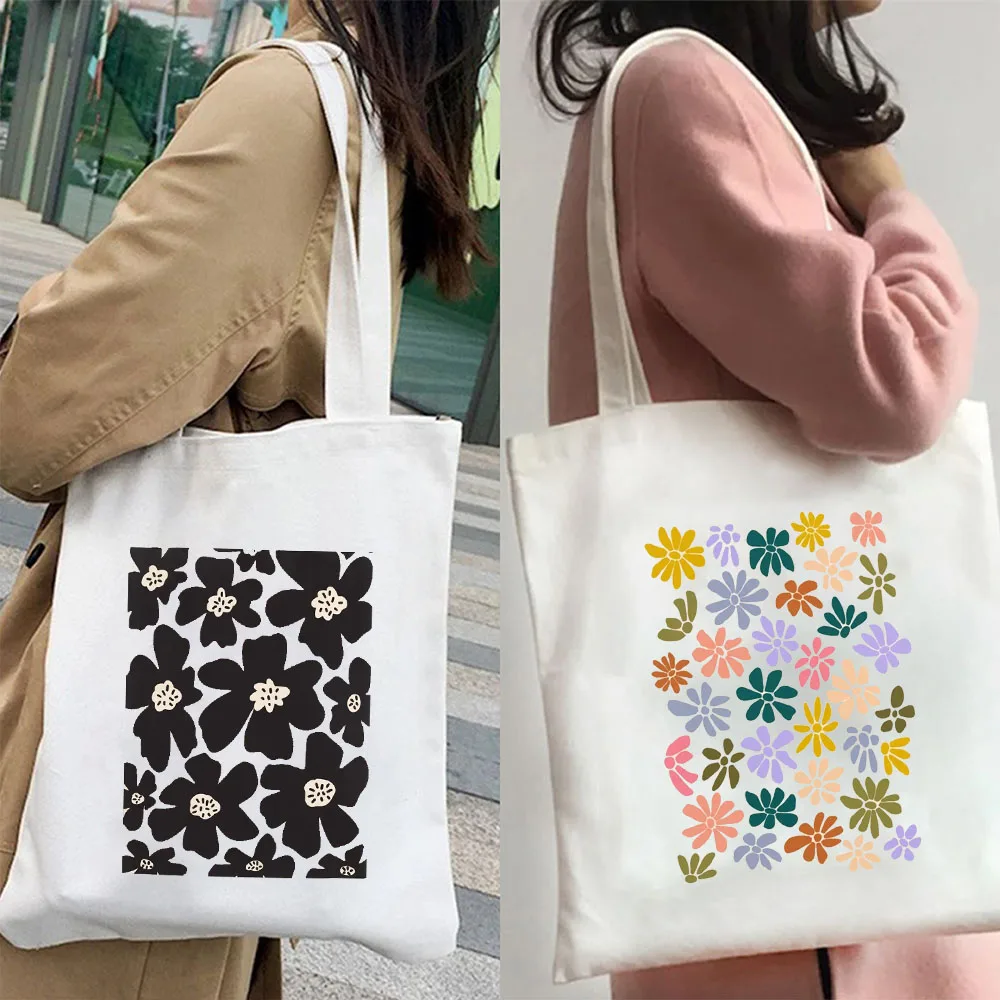 Rainbow Color Retro Floral Teal Daisy Sunflower Black and White Flower Women\'s Canvas Shoulder Tote Bag Shopper Shopping Handbag