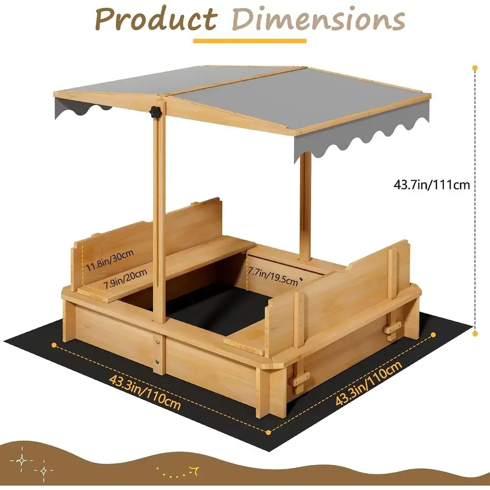 Height-Adjustable UV-Protected Wooden Sandbox with Cover, Play Benches, and Protective Liner