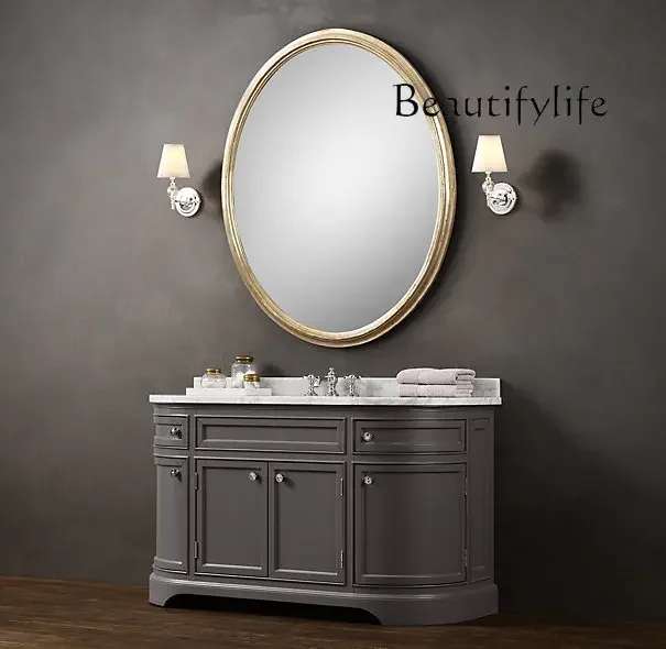 French rural retro solid wood bathroom cabinet Italian minimalist oak Nordic modern washbasin