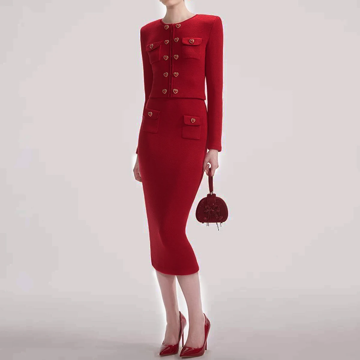 High Quality New Fashionable Elastic Knitted Round Neck Heart-shaped Button Cardigan Slim Fit Half Skirt Women's Set