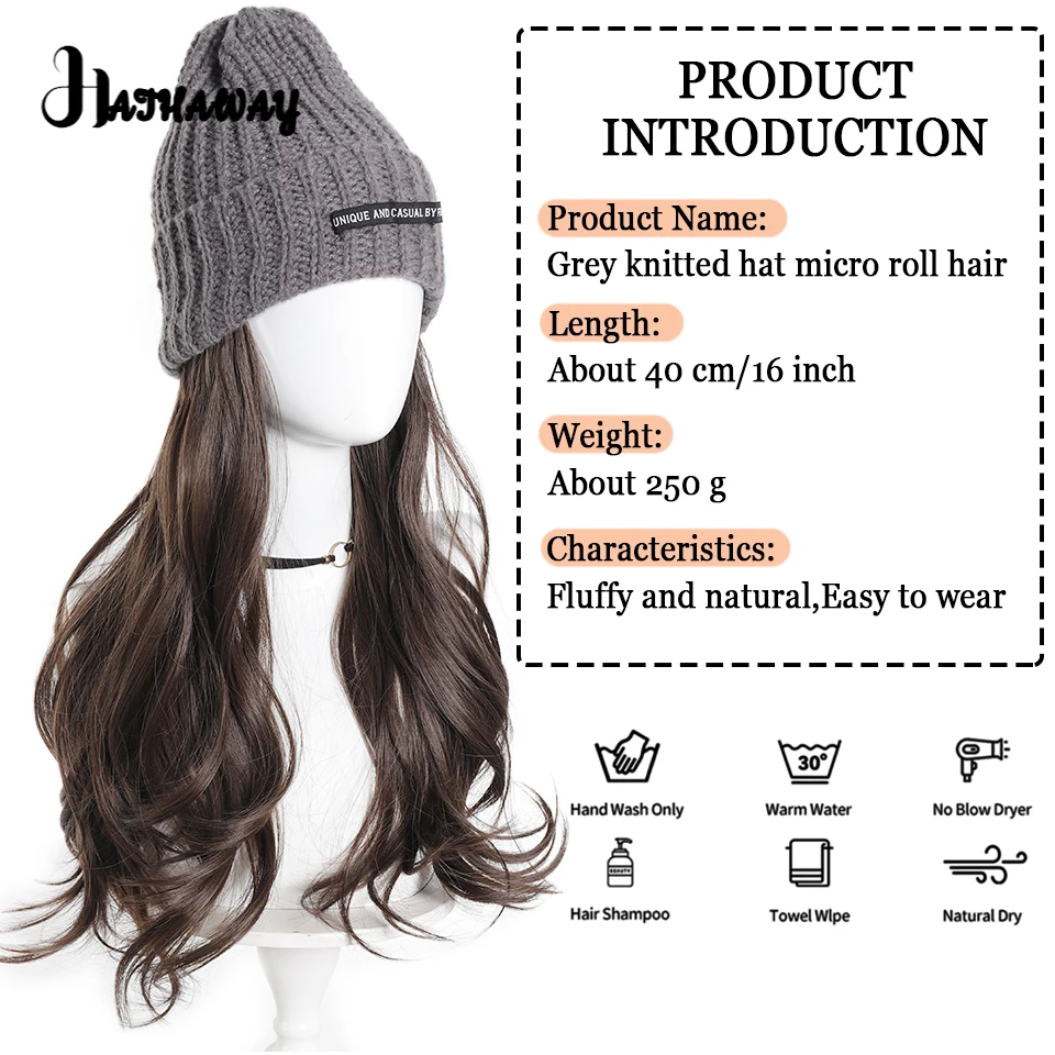 Synthetic Wig Hat Wig Female One Korean Version Of Natural Long Curly Hair Knitted Hat Wig Micro-roll Full Head Cover In Autumn