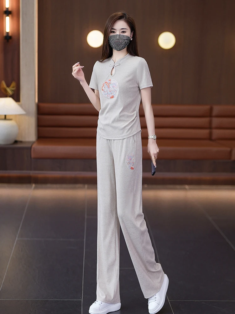 Chinese Style Fashion Embroidery T-Shirt+Pink Wide Leg Pants Suit Women Summer Short Sleeve Casual Tracksuit 2 Piece Sets Outfit