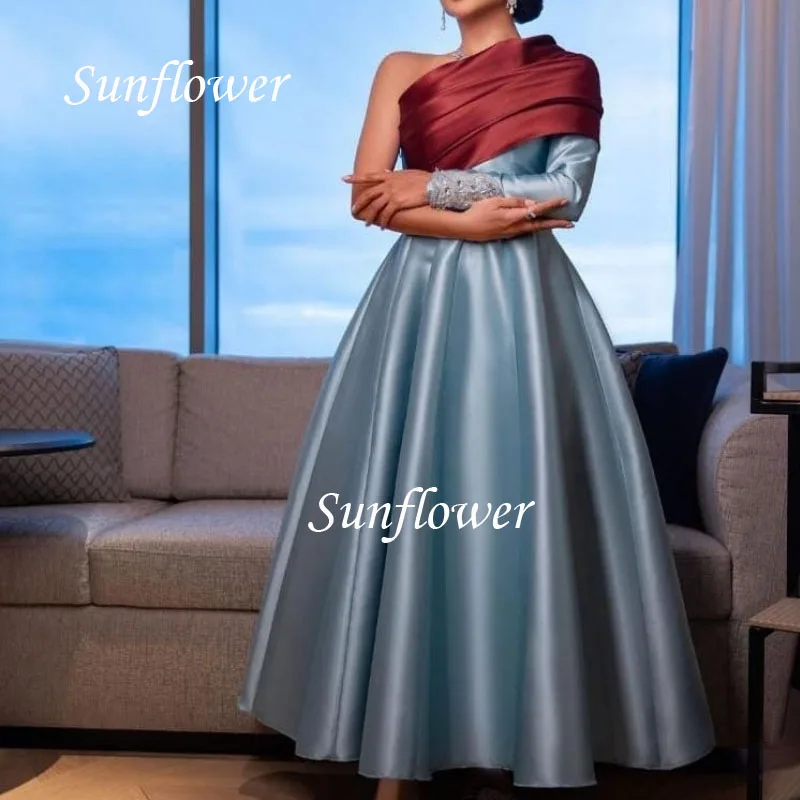 

Sunflower Simple One-Shoulder Full Sleeve Satin Mid-Length Evening Dresses 2023 Slim Fit Ankle-Length Saudi Arabia A-LINE Skirt