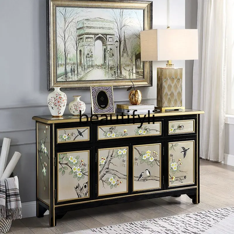 Entrance cabinet Solid wood dining side cabinet American painted foyer partition storage decorative cabinet