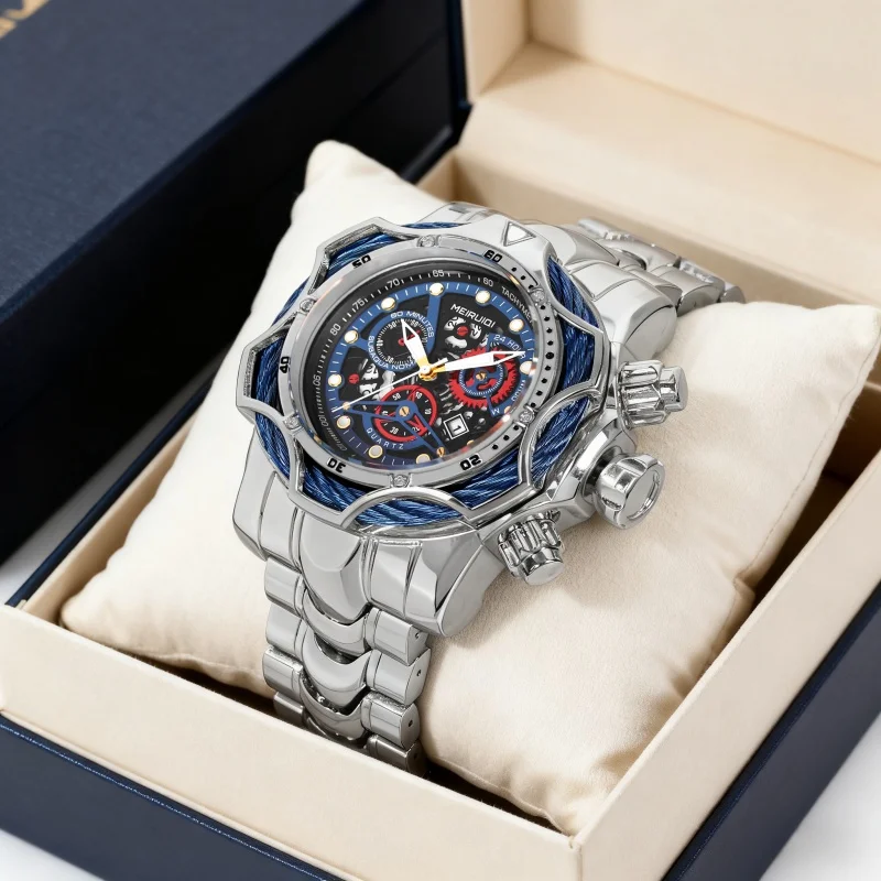 

Мужские серебристо-синие модные часы с креативным дизайном, календарем, многофункциональные, с тремя циферблатами, кварцевые.