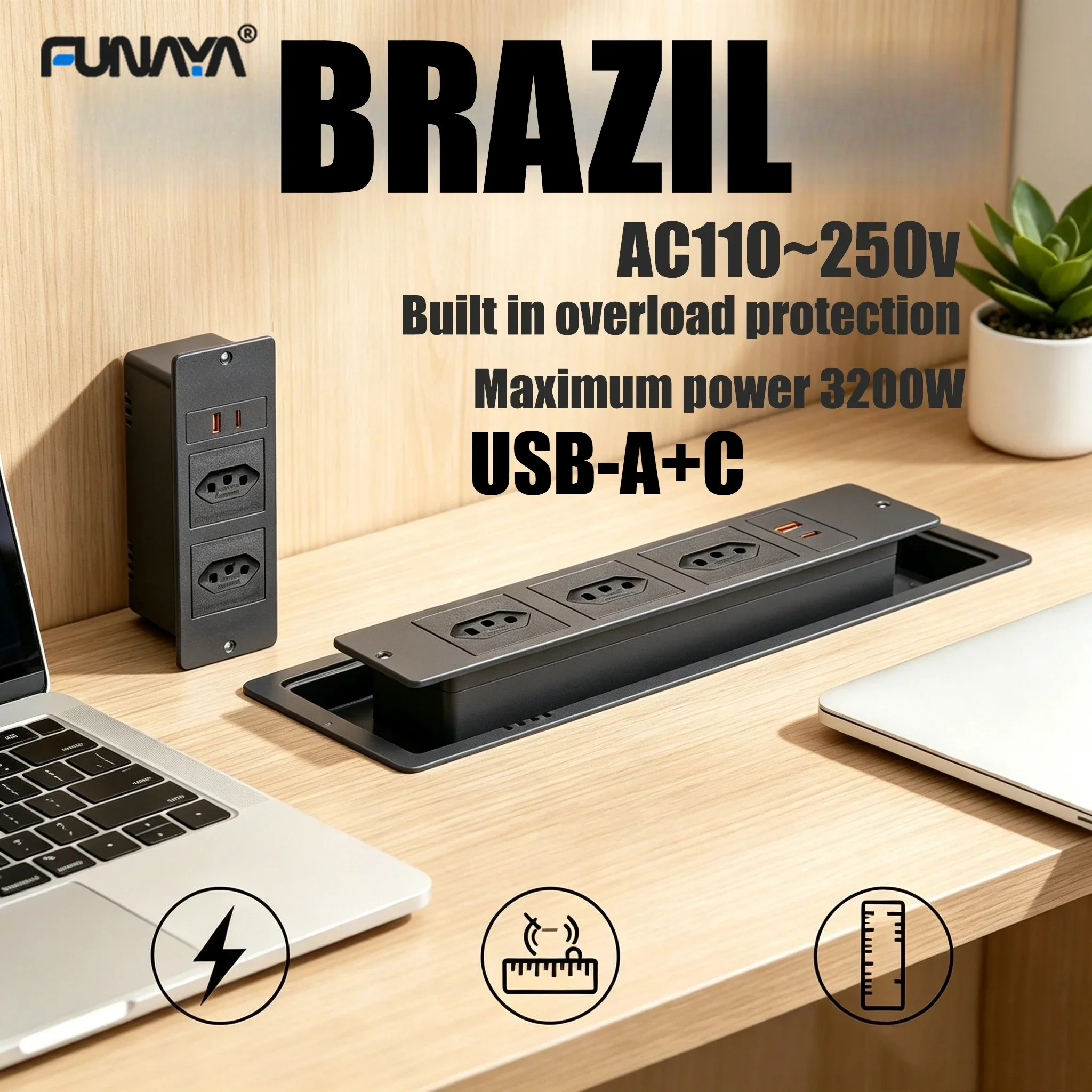 

FUNAYA Brazil Built-in Recessed Table Socket with USB-A C Power BR Plug Desktop Furniture Hidden Sockets 2 3 Countertop Outlets