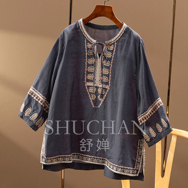 100% Ramie, French  Retro Ethnic Style Embroidery Loose Round Neck Seven-quarter Sleeve Shirt and Blouse Women