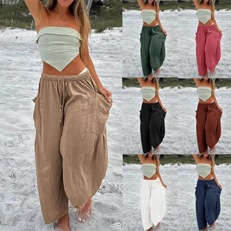 

Women's Elastic Waist Pleated High Waist Wide Leg Pants Loose Casual Cotton Linen Trousers Beach Palazzo Harem Pants Side Pocket