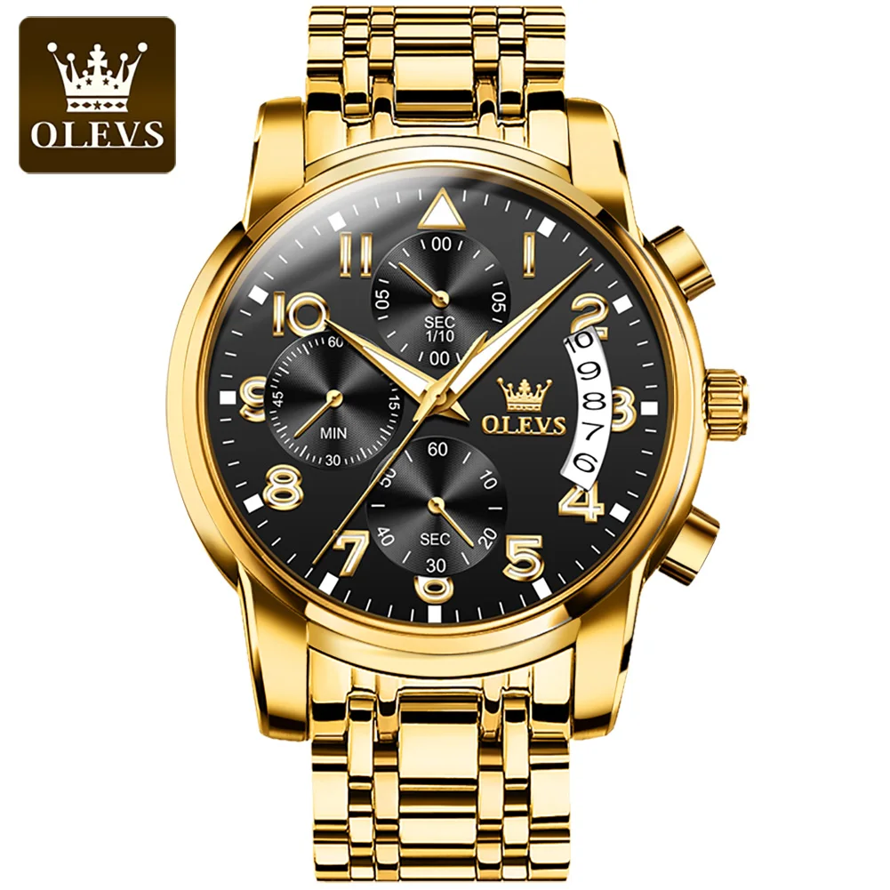 

OLEVS Gold Quartz Watch for Men Stainless Steel Waterproof Multifunctional Chronograph Business Mens Watches Relogio Masculino