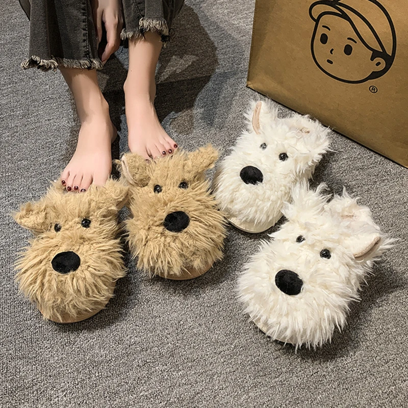 Casual Fluffy Slippers Women House Flat Cartoon Dog Designer Winter Shoes Girls Cute Indoor Plush Warm Platform Footwear Fashion