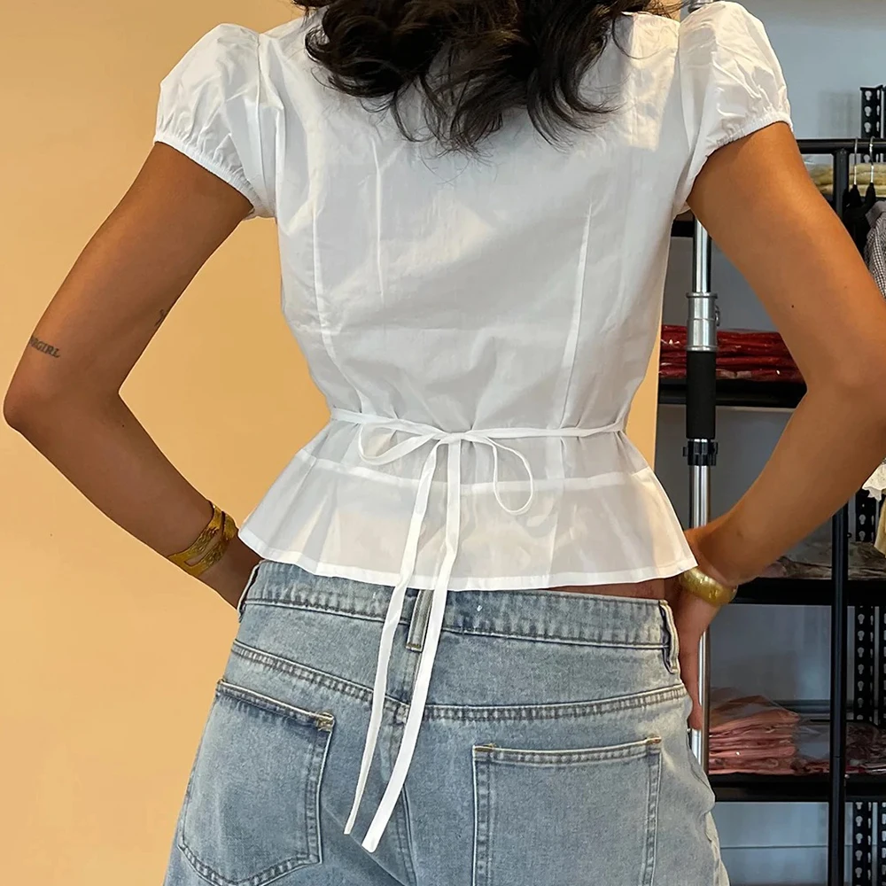Frauen Kawaii Y2k Kurzarm Button-Down Plissee Bluse Shirts Preppy Coquette Vintage Slim Fit Ausgehen Shirts Crop Tops