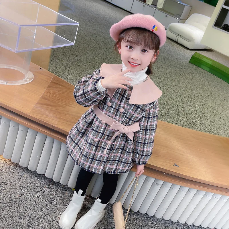 

Girls Kids Woolen Coat Jacket Overcoat 2022 Belt Warm Thicken Winter Cotton Plus Size Children's Clothing