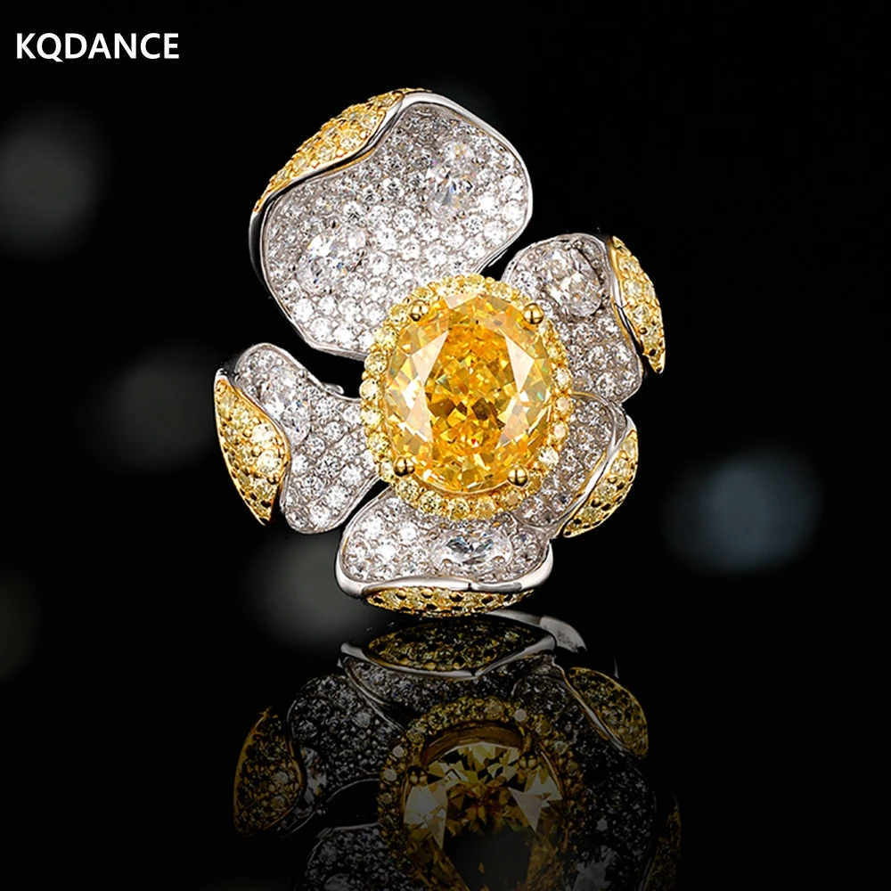 

KQDANCE Luxury 925 Sterling Silver Oval Cut Lab Yellow Citrine High Carbon Diamond Gemstone Fine Jewelry For Women Flower Ring