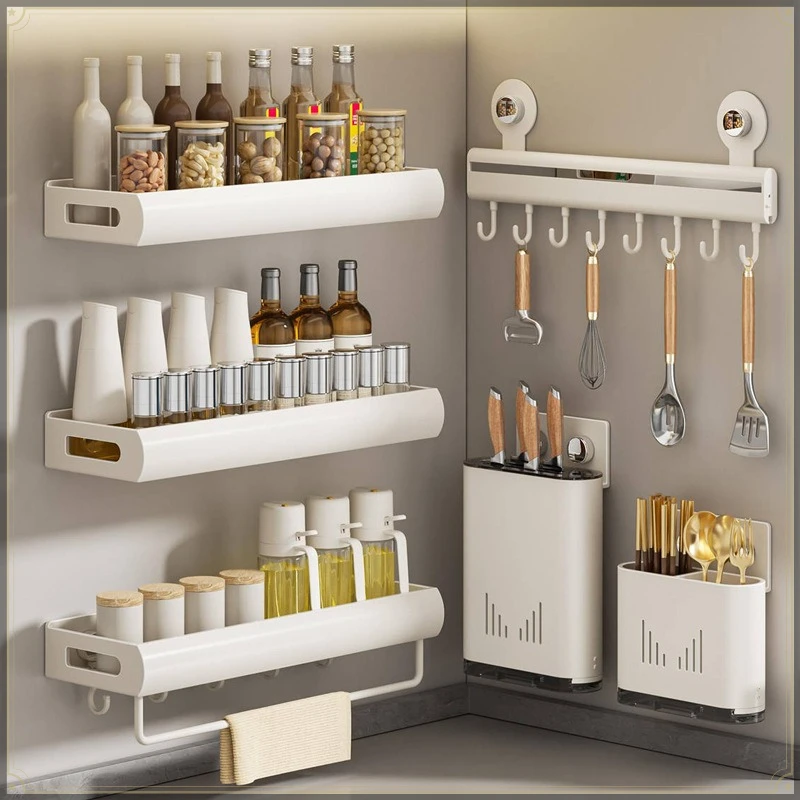 Carbon Steel Wall Mount Spice Rack Punch Free Durable Strong Load Bearing Traceless Adhesive Sticker Kitchen Storage Organizer