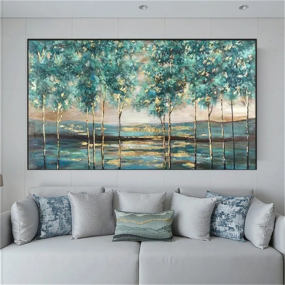 

100% Handpainted Modern Green Forest Landscape Oil Paintings On Canvas Knife Tree Wall Art Pictures For Room Wall Decor Painting