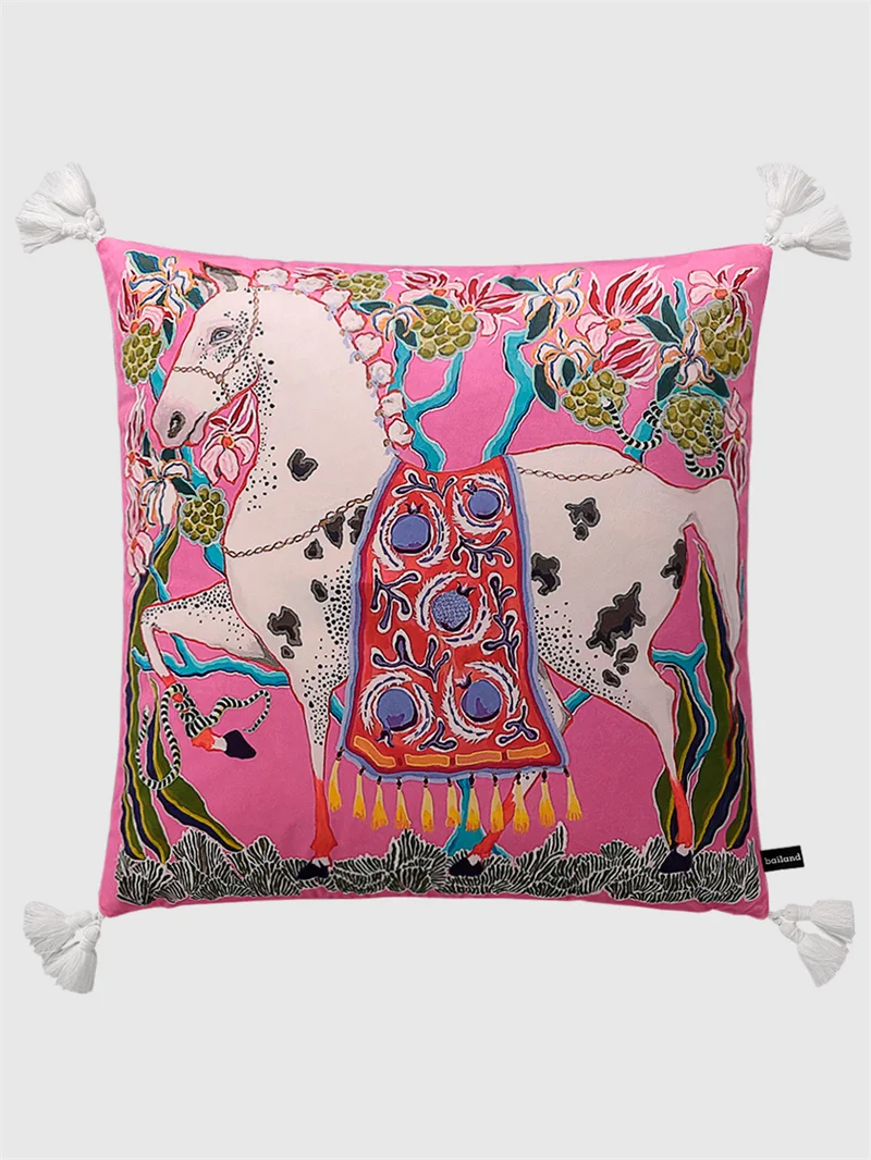 Chinoiserie Zebra With Asian Peonies Cushion Cover Luxury Mystical Animals Decorative Pillowcase With Tassels Cute Soft Velvet