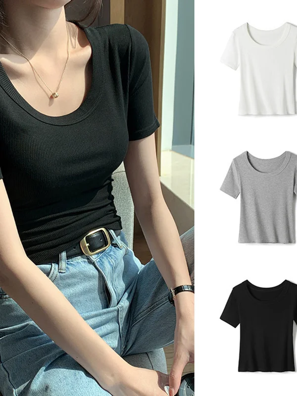 

Une Color ort Sve U-Ne Pure Color Ribbed Women's irt Street Sle Summer Thin Fabric Regular Length T-irt