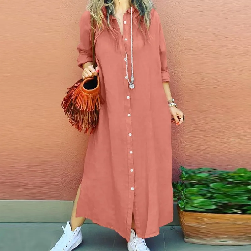 2024 plus size women's dress cotton linen shirt long skirt Japanese and Korean casual long sleeved cardigan dress