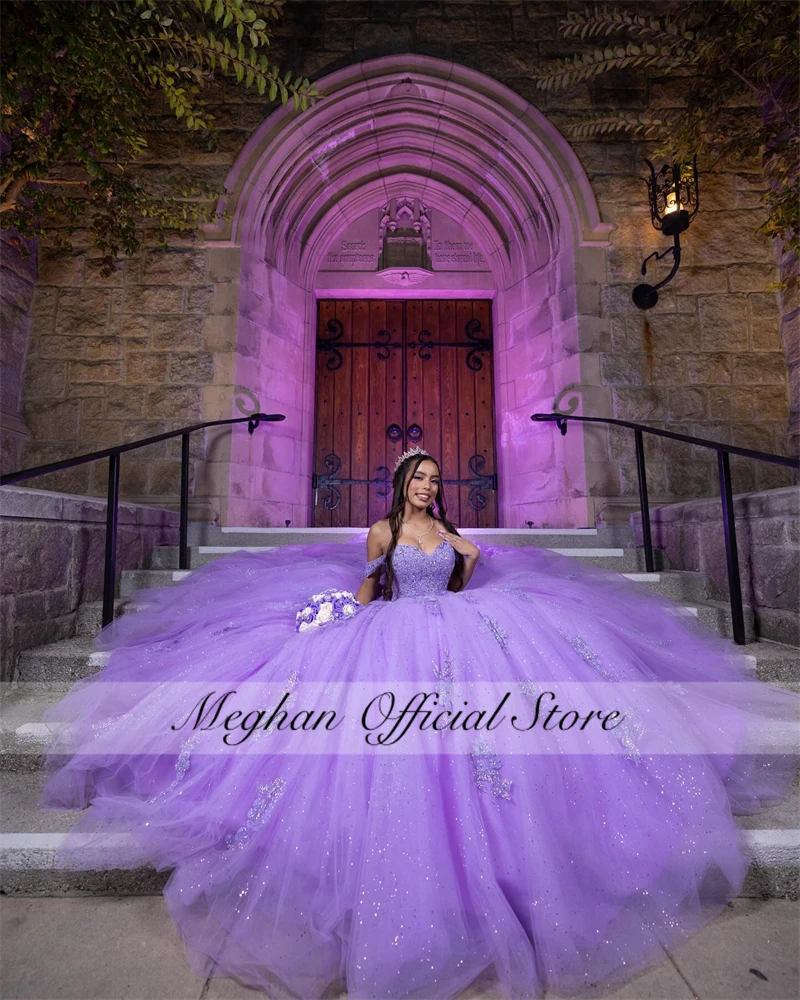 

Purple Off The Shoulder Quinceanera Dress 2024 Beaded Prom Dress Ball Gown Appliques Puffy Luxury Sweet 16 15 Robe De Bal