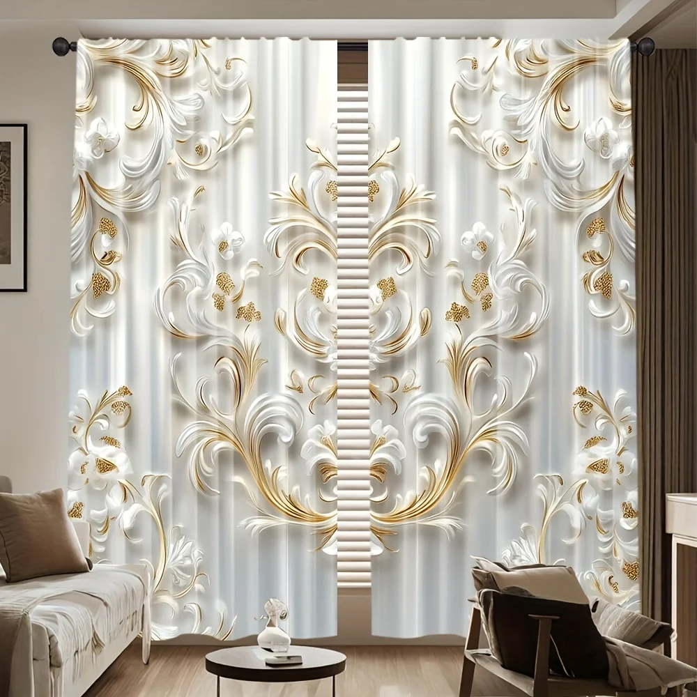 

2 шт. полиэстеровые шторы с художественным цветочным принтом и золотыми акцентами — для декора гостиной, офиса и кабинета