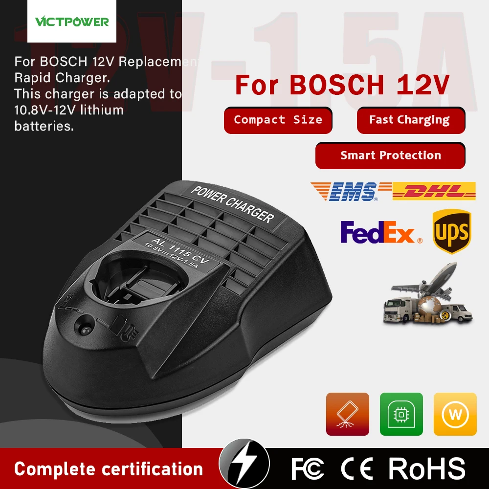 Victpower 12V Battery Quick Charger Is Suitable for BOSCH 3.6V 10.8V 12V Lithium Ion Battery AL1115CV US/EU Plug 1.5A 25W