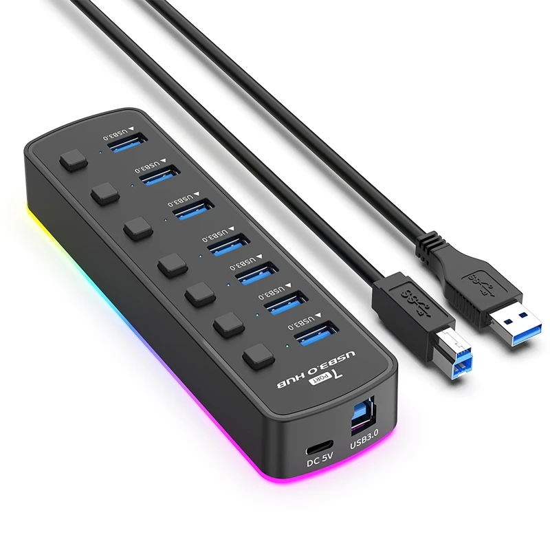 

RGB 7-портовый USB 3.0 концентратор 5 Гбит/с разветвитель компьютерный преобразователь расширитель с независимым переключателем и портом питания для портативного ПК компьютера