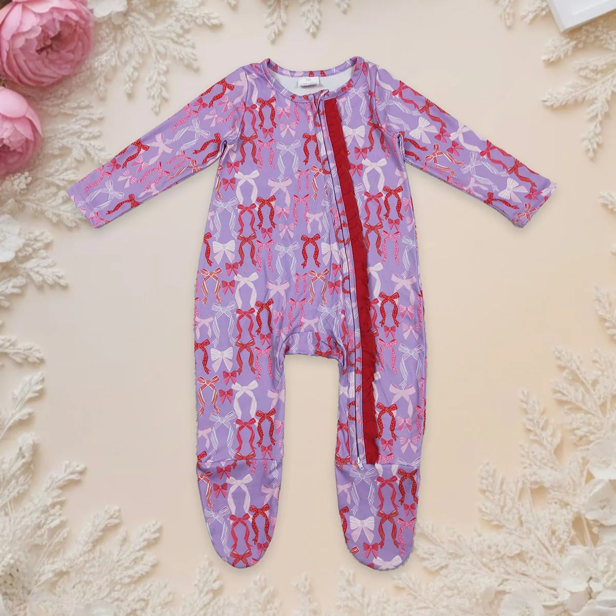 

Комбинезон для новорожденных с розовыми бантами в клетку для девочек, комбинезон с длинными рукавами и рюшами на молнии, детский весенний цельный комбинезон для малышей