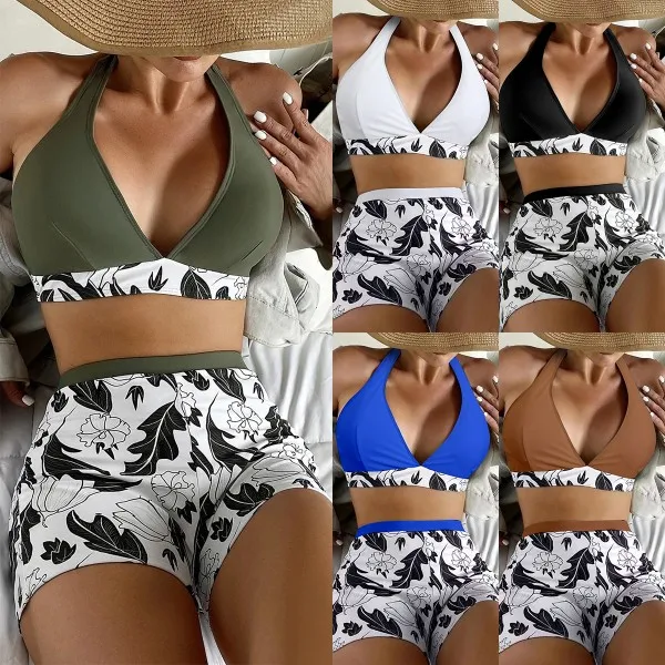 

2023, сексуальный женский купальник бикини с высокой талией, отдельные детали, плоский угол, V-образный вырез, нейлоновая ткань с накладкой на грудь, без стальной поддержки