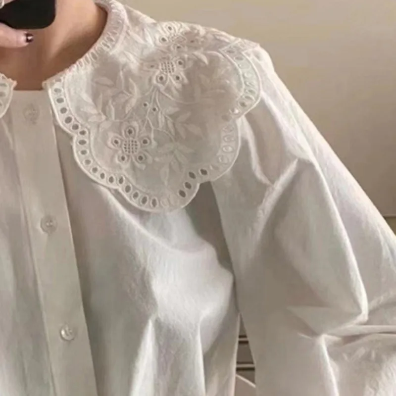 OCEANLOVE Peter Pan Collar Women Shirts&blouses Solid Spring Autumn Korean Fashion Chic Blusas Mujer Simple Loose Camisas