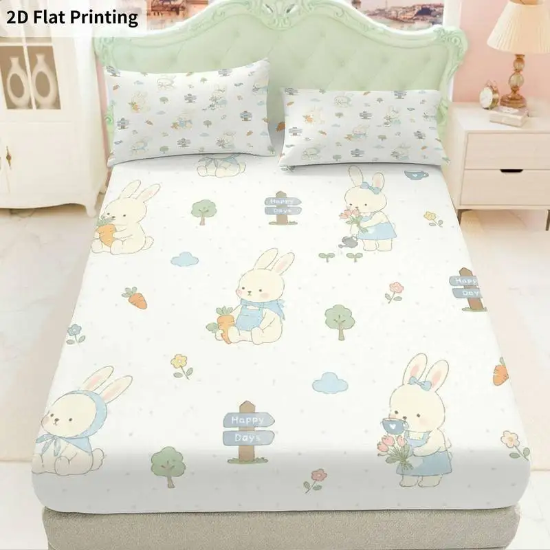 3Pcs Pastelrabbitssignposts Fitted Sheet Three Piece Set (1*Fitted Sheet + 2*Pillowcases, Coreless), Bedding Set