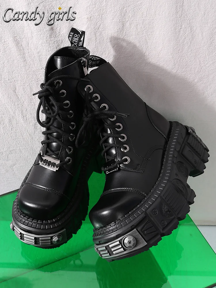 Heavy Metal Plattform Damen Rasierer dekorative dunkle Punk Booties Gothic Motorrad kurze Stiefel Flut