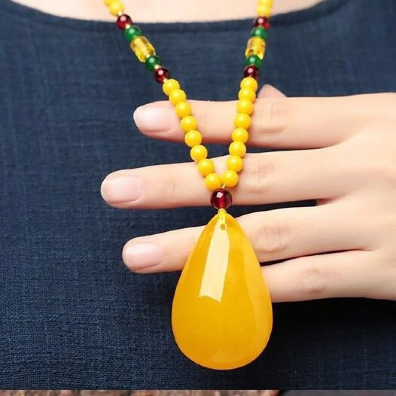 Genuine Amber Beeswax Water Drop Pendant Sweater Chain Yellow Chicken Grease Beeswax Amber Water Drop Pendant Necklace Pendant