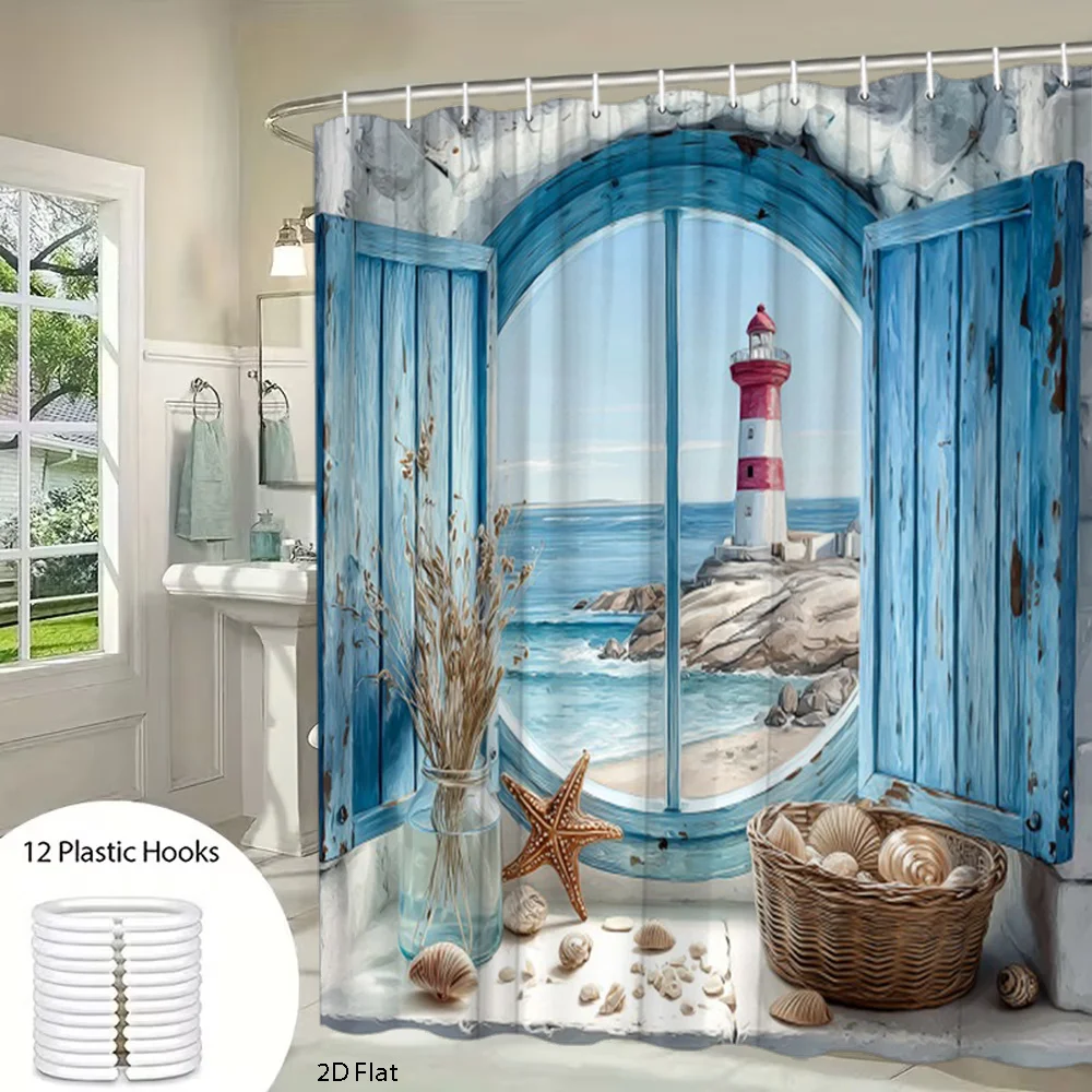 Nautical Lighthouse Beach Scene Shower Curtain Waterproof Bathroom Decor Coastal Ocean Style Curtain for Modern Bathroom Accesso