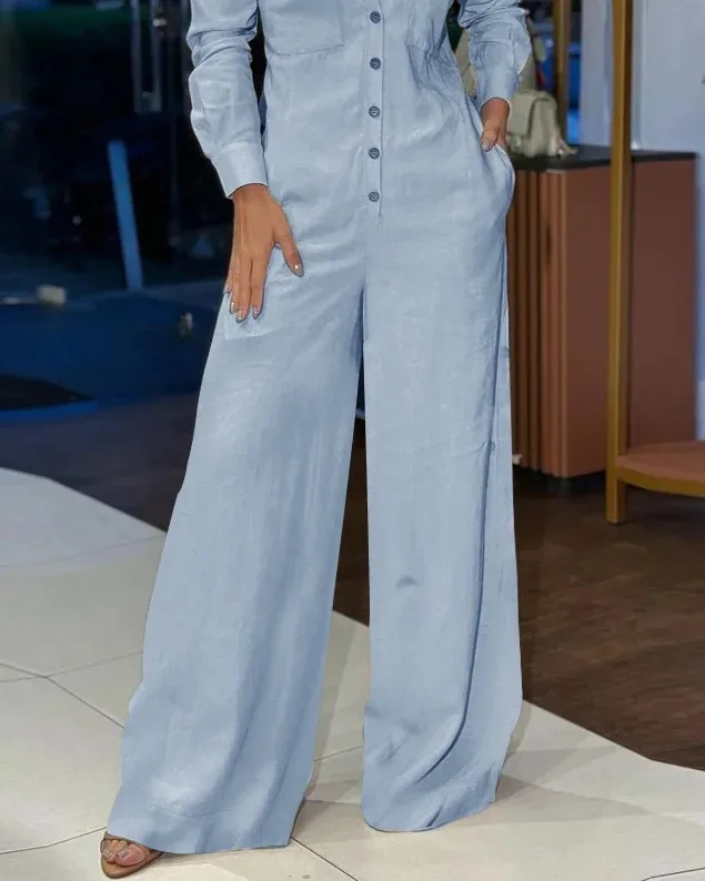 Salopette à manches longues et col rabattu pour femme, combinaisons une pièce, taille serrée, barboteuses à simple boutonnage, jambe large, pantalon