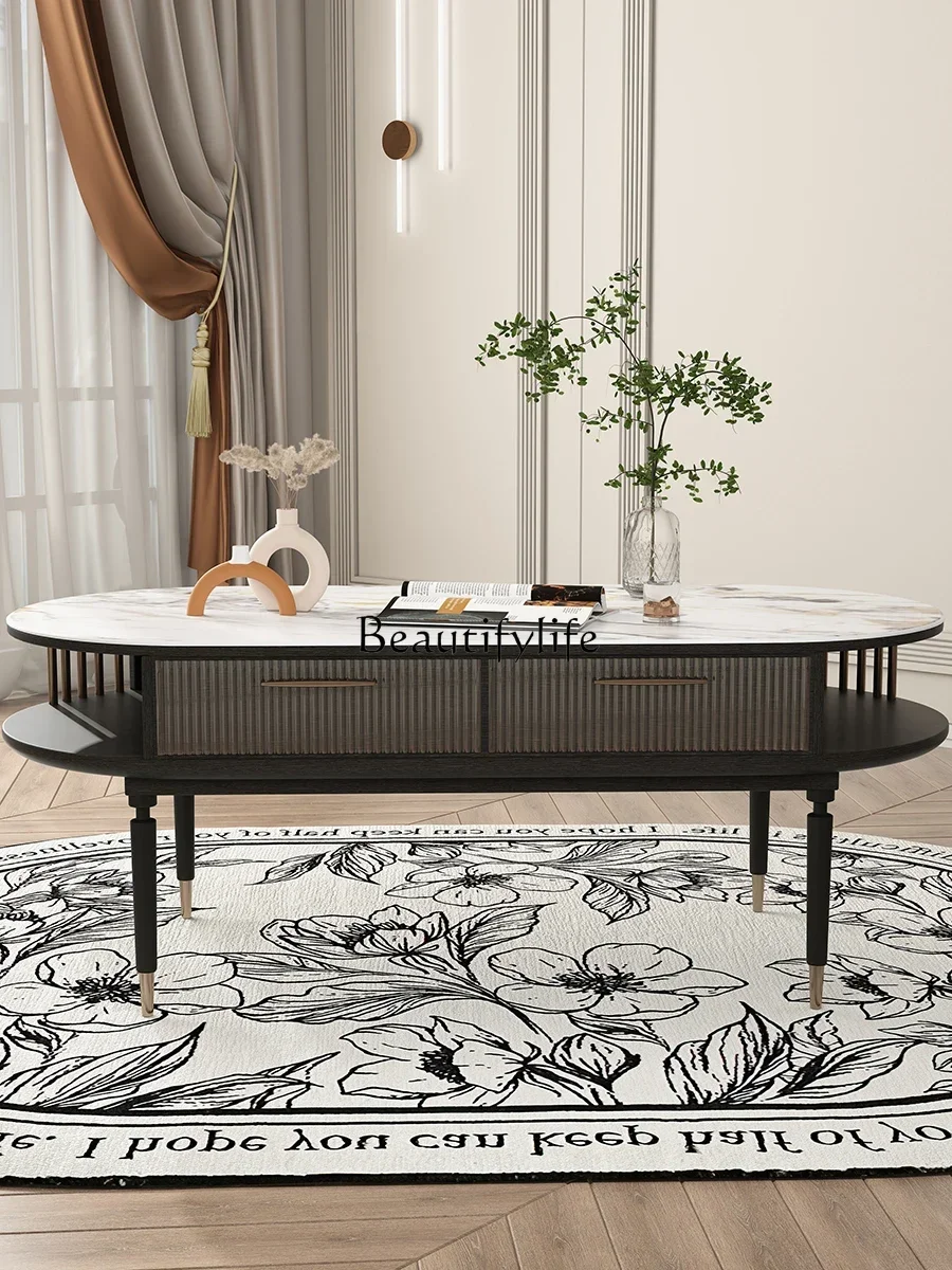 

S Y French Stone Plate Coffee Table Home Oval Simple Storage Tea Table