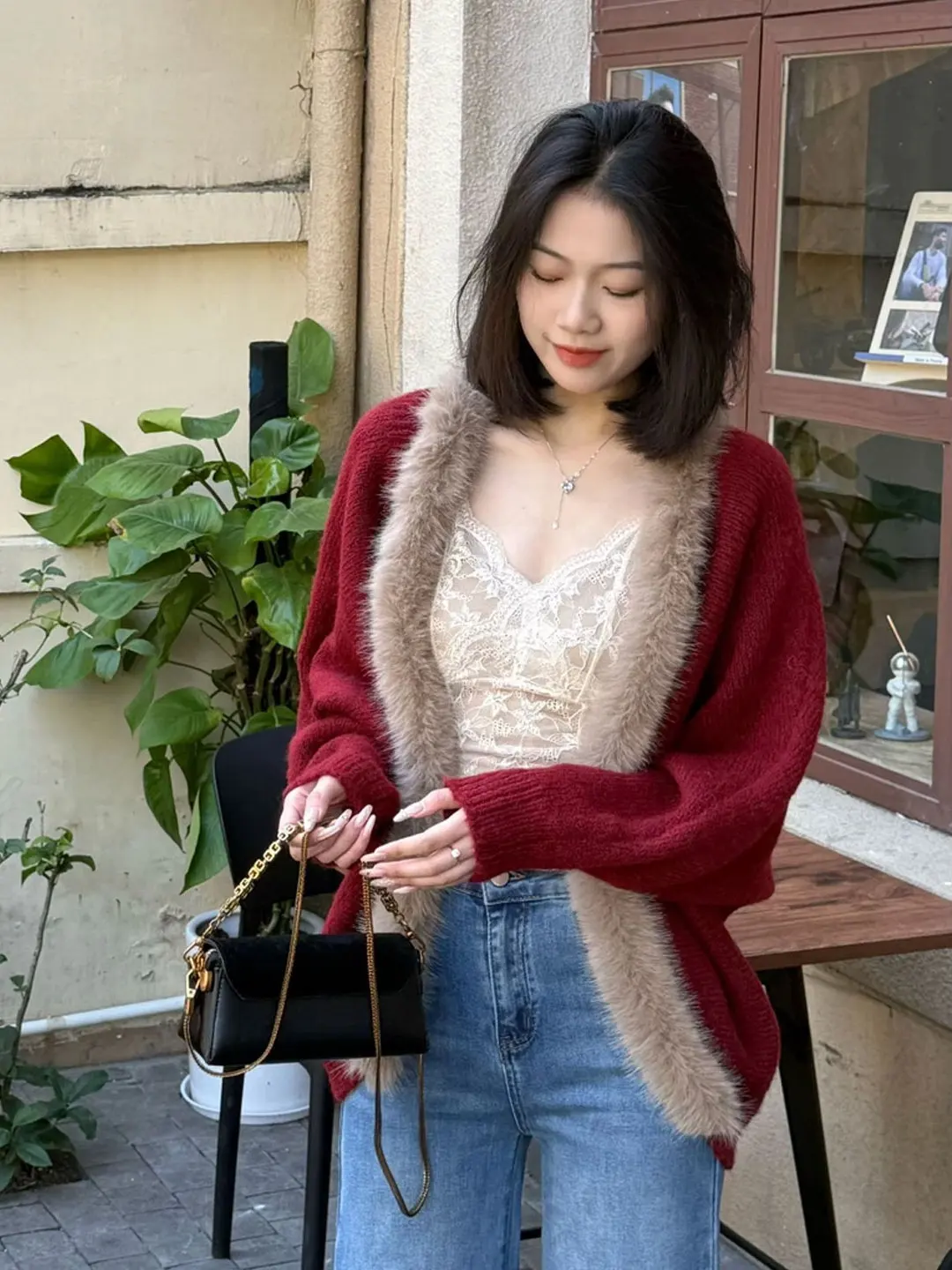 

New Year Red Thickened Knitted Sweater Coat Women's Loose Lazy Style Open Cardigan with Big Fur Collar Autumn Winter Outerwear