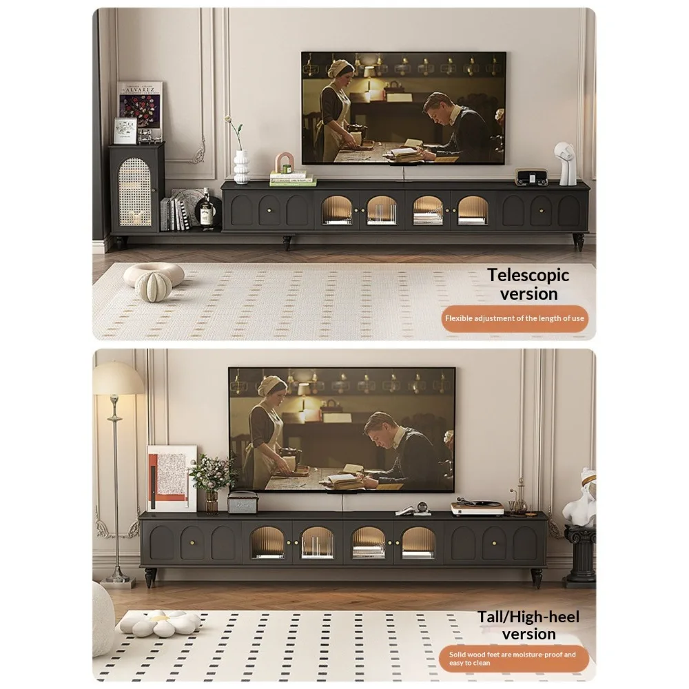 American Light Luxury TV Stand Black Glass Cabinet with Socket Cover High-end Living Room Furniture for Small Apartments