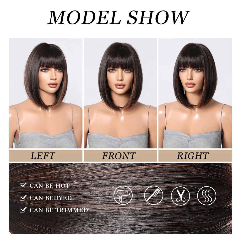 Dark Brown Bob Wig with Bangs Highlight Short Straight Wigs Natural Cosplay Daily Use Fake Hair Wig for Women Heat Resistant