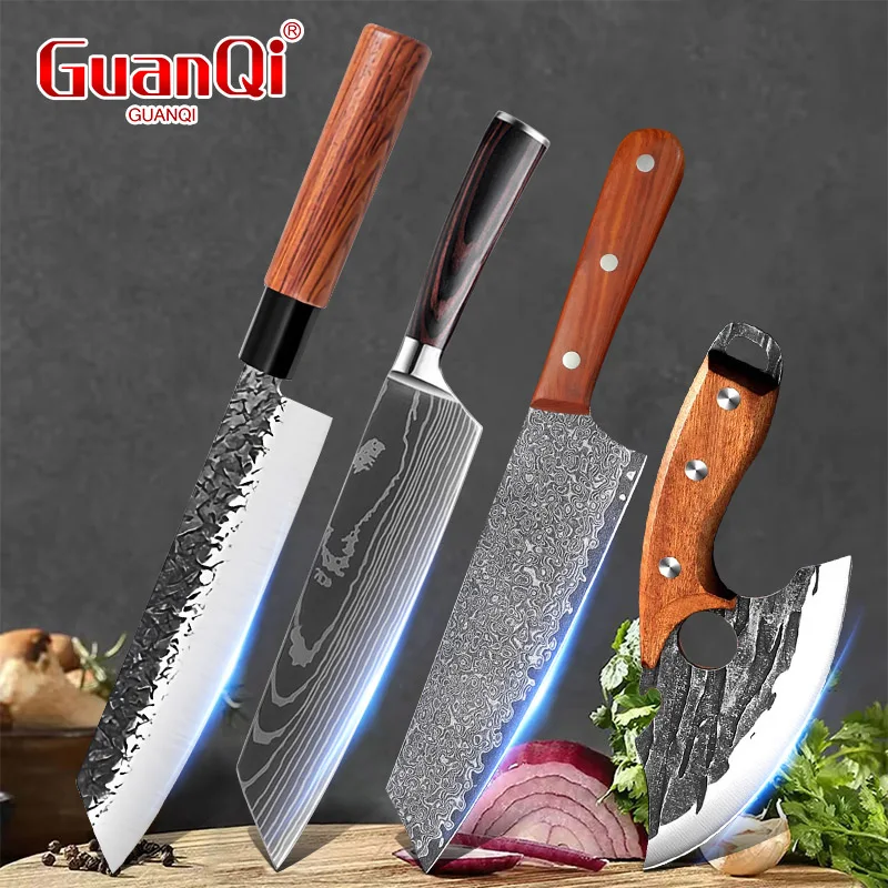 Household Forged Kitchen Knives Butcher Knife Wood Handle Damascus Steel Chef Slicing Cleaver Knife for Meat Vegetable Food Prep
