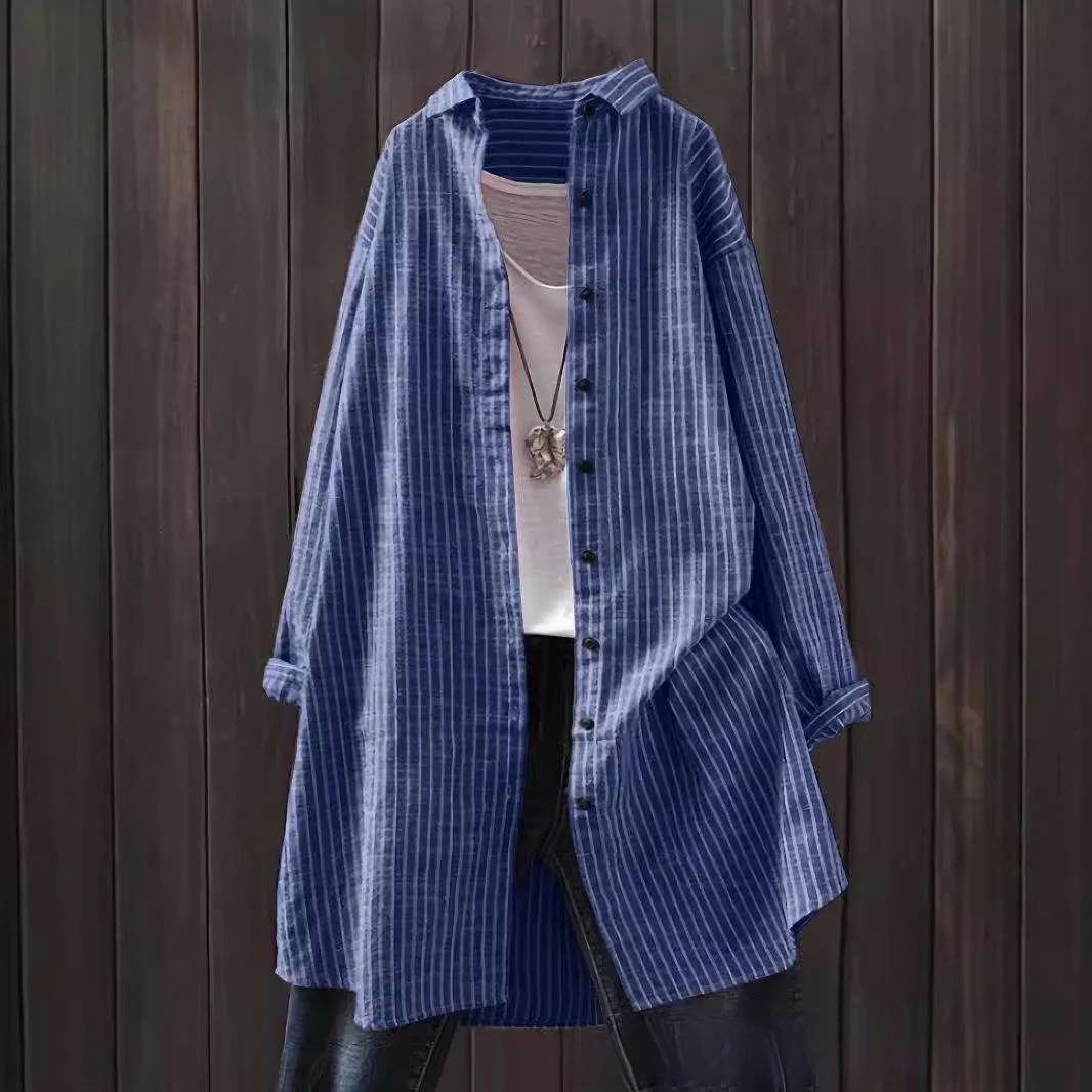 

Women's Cotton Linen Striped irt mid Length Long Sve Artistic Sle Regular Fit Polyester Fiber Resistant to Deformation