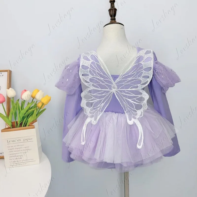 Traje de dança infantil – Saia de dança de princesa borboleta estilo balé de manga comprida para meninas – Roupa de dança chinesa