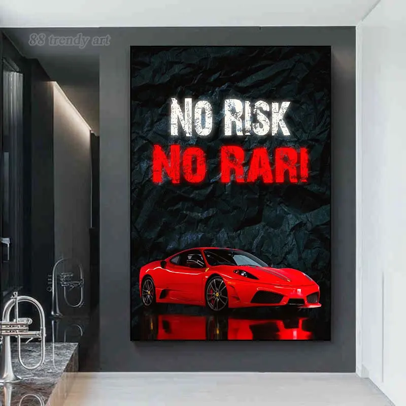 

No Risk No Rari Supercar Canvas Posters and Prints Red Super Car Picture Motivational Wall Art Hanging Painting Home Decor Mural