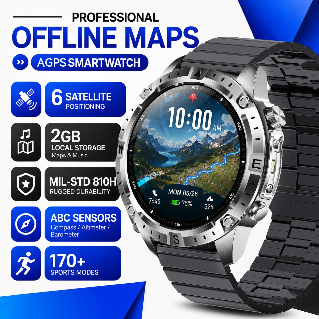 Reloj Inteligente GPS para Hombre 2026 Actualizado, Mapas Sin Conexión, 2GB, 6 Posiciones Satelitales, AMOLED, MIL-STD 810H, Resistente al Agua, Llamadas Bluetooth