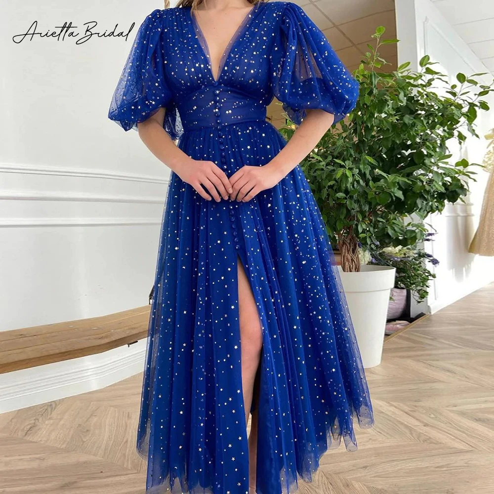 Arietta Royal Blue Glitter Starry Tulle Midi Prom Dresses Deep V-Neck Half Puff Sleeves Tea-Length A-Line Evening Party Gowns