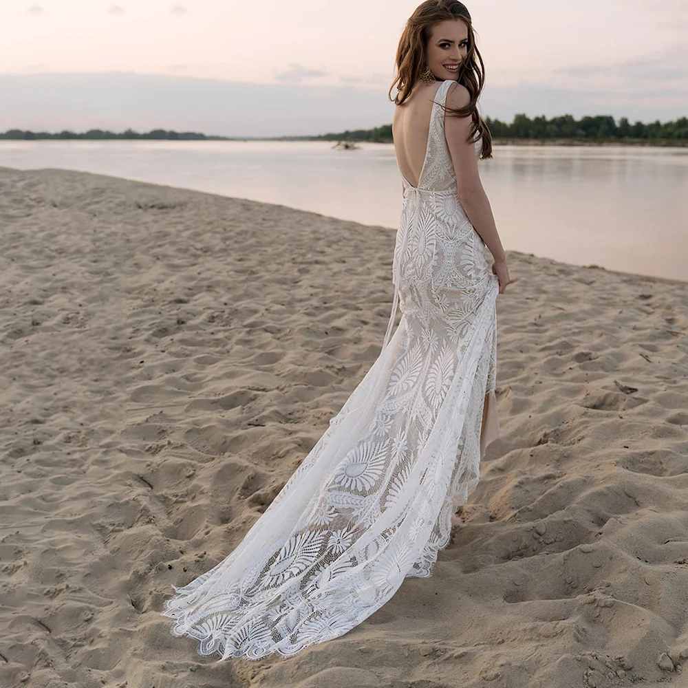 Vestido de novia bohemio con escote en V pronunciado para exteriores, vestido de novia personalizado de playa Hippie sin espalda festoneado de talla grande