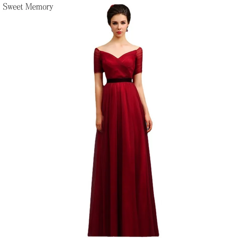 N1140 فساتين السهرة الرسمية رمادي أزرق النبيذ الأحمر الأسود اللباس الحلو الذاكرة أنيقة قصيرة الأكمام الطابق طول فستان حفلات الزفاف