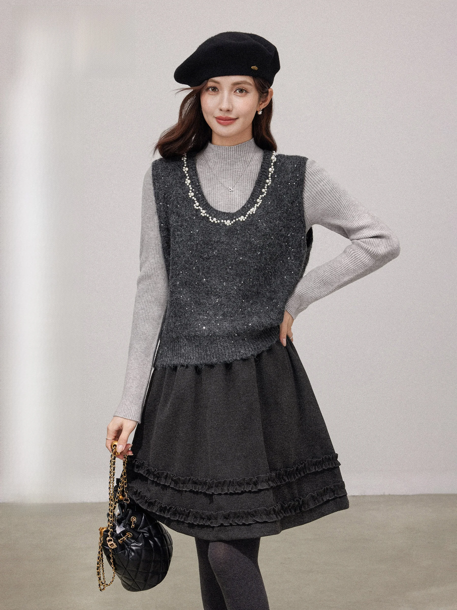 

AngDoudou женский вязаный жилет с пайетками, сверкающий дизайн, чувственный многослойный осенне-зимний тренд Faion