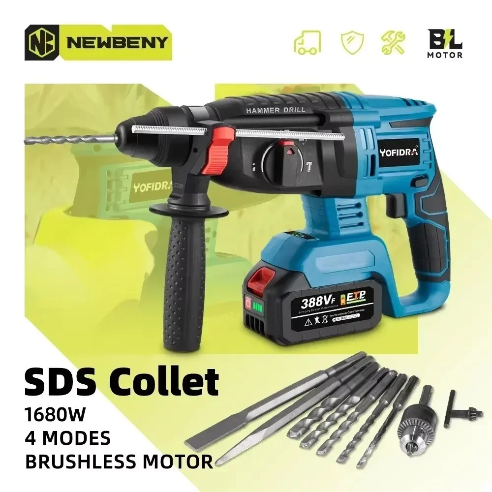 YOFIDRA 26 MM Bürstenlosen Elektrischen Bohrhammer Multifunktionale Rotary Cordless Wiederaufladbare Power Werkzeuge Für Makita 18 V Batterie