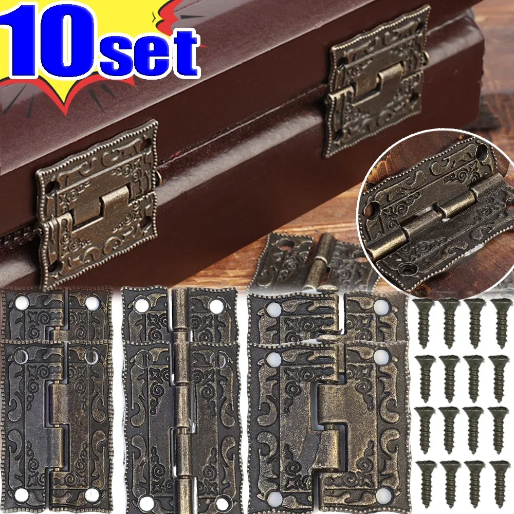 10/1Sets Antique Bronze Hinges Cabinet Stainless Steel Hinge with Screws Jewelry Box Flower Pattern Furniture Fittings Hardware