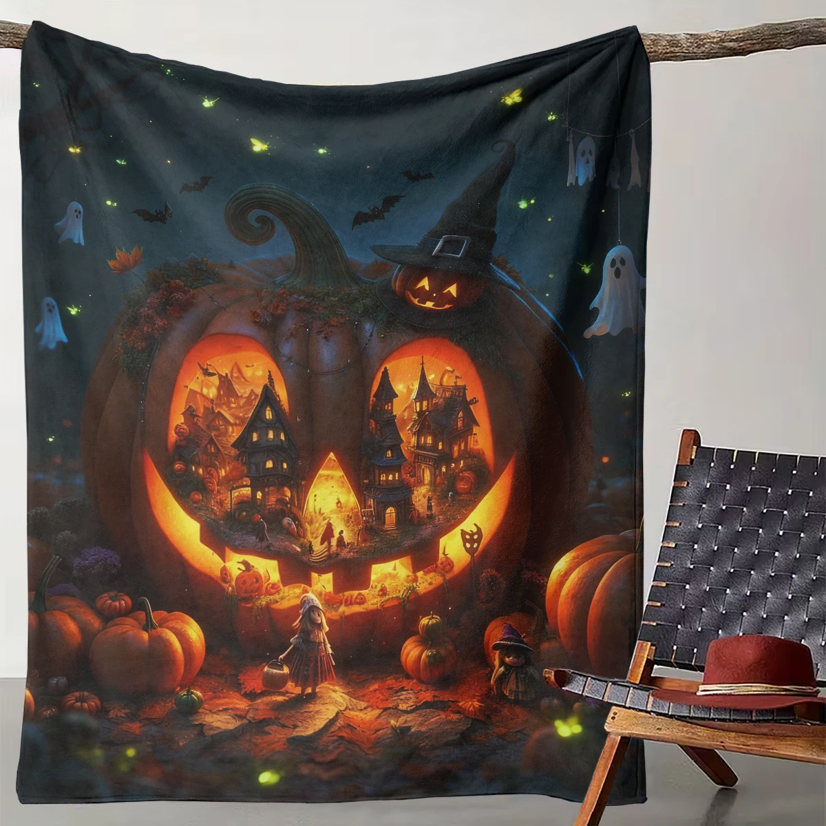 

1 Pumpkin Wonderland Halloween Fairy Tale Town Blanket Suitable for Camping, Living Rooms, Offices, Chairs, and Beds